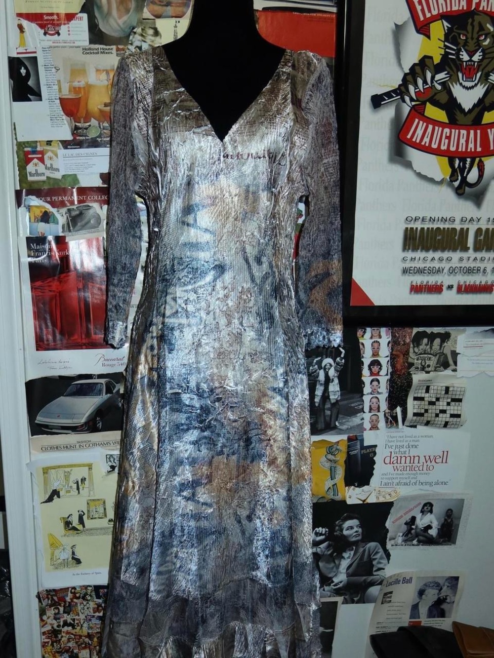 Komarov Metallic Silver Long Sleeve V-Neck Maxi Dress